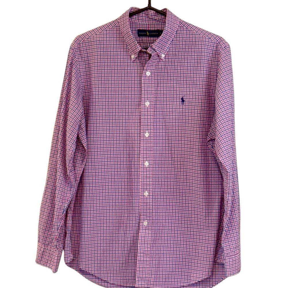 Ralph Lauren Men's Red Blue Plaid Long Sleeeve Button Down Shirt Pony Size Large